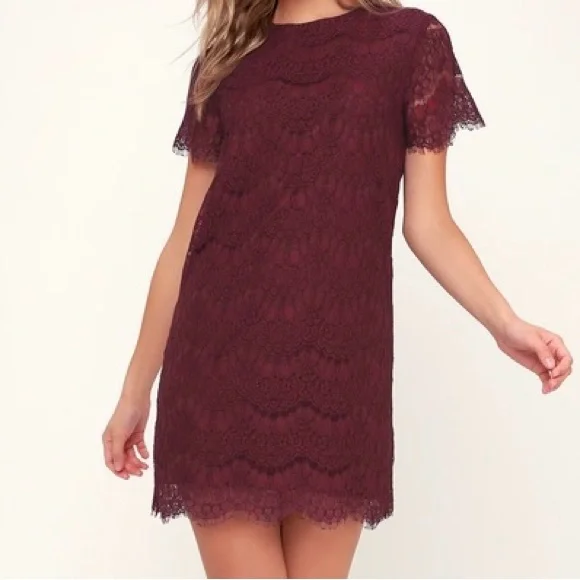 Burgundy Lace Shift Dress | Womens | Medium | 100% Polyester | Lulus